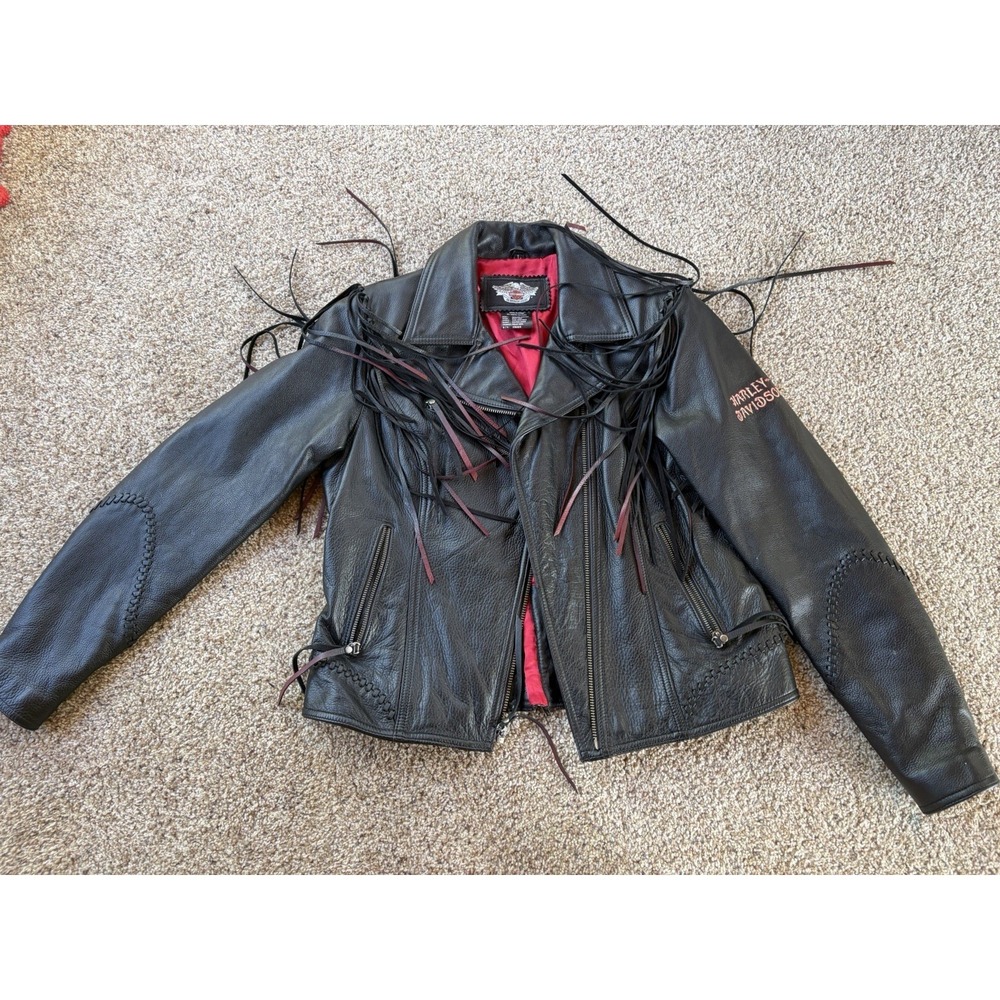 Harley Davidson Women GYPSY MAGIC Leather Fringe Jacket L 97088-09VW Black Red
